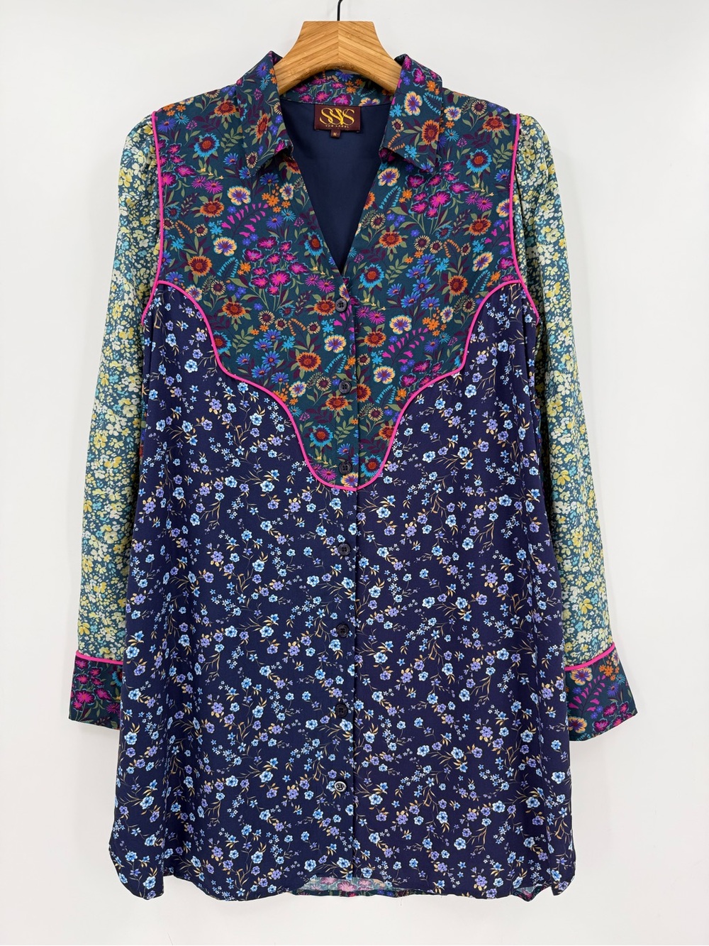 SSYS Livvy Mix Print Dress Long Sleeve Boho Chic Western in Patchwork Floral M - Picture 2 of 15